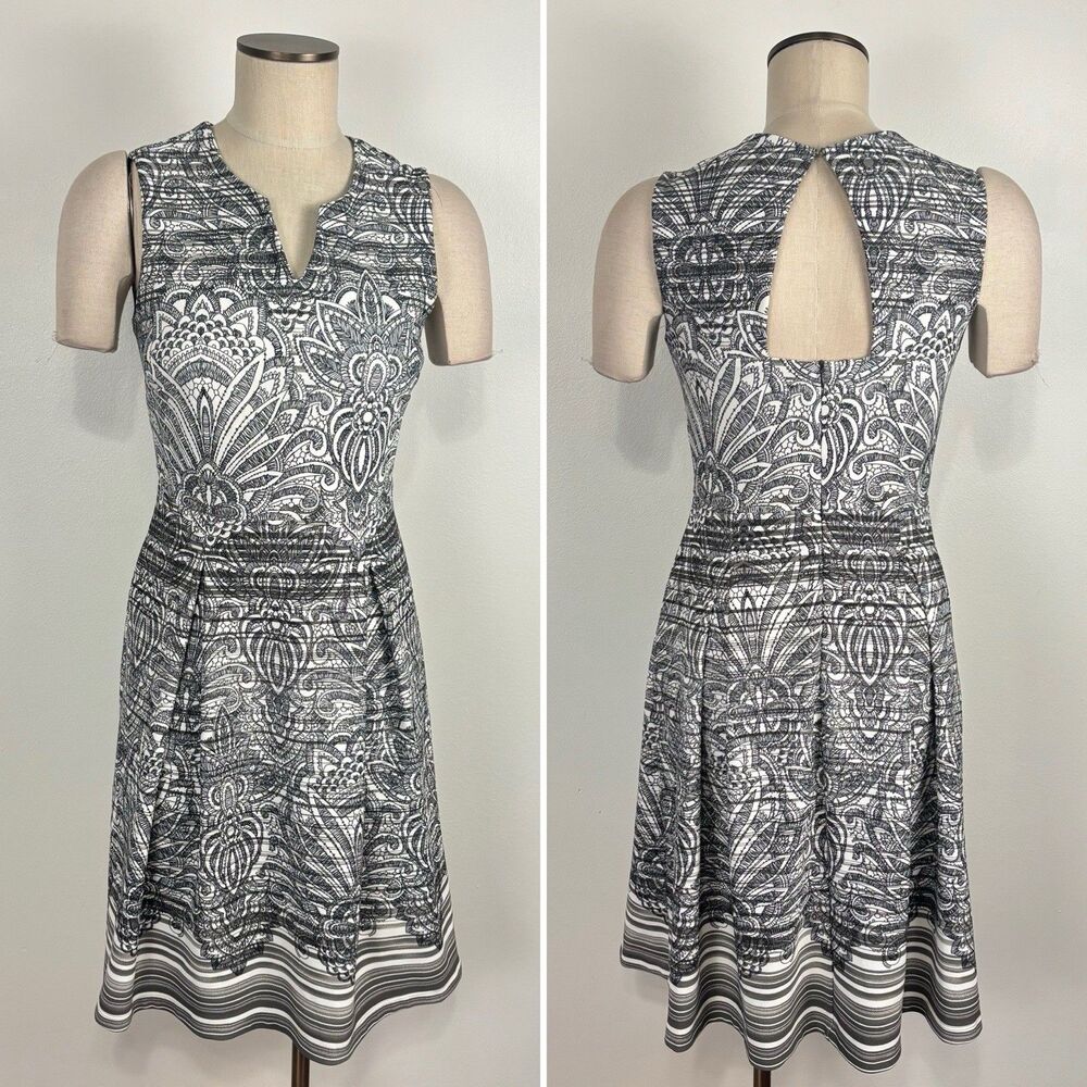 Ile New York Womens 6 Black White Printed Fit n' Flare Midi Cut Out Back Dress